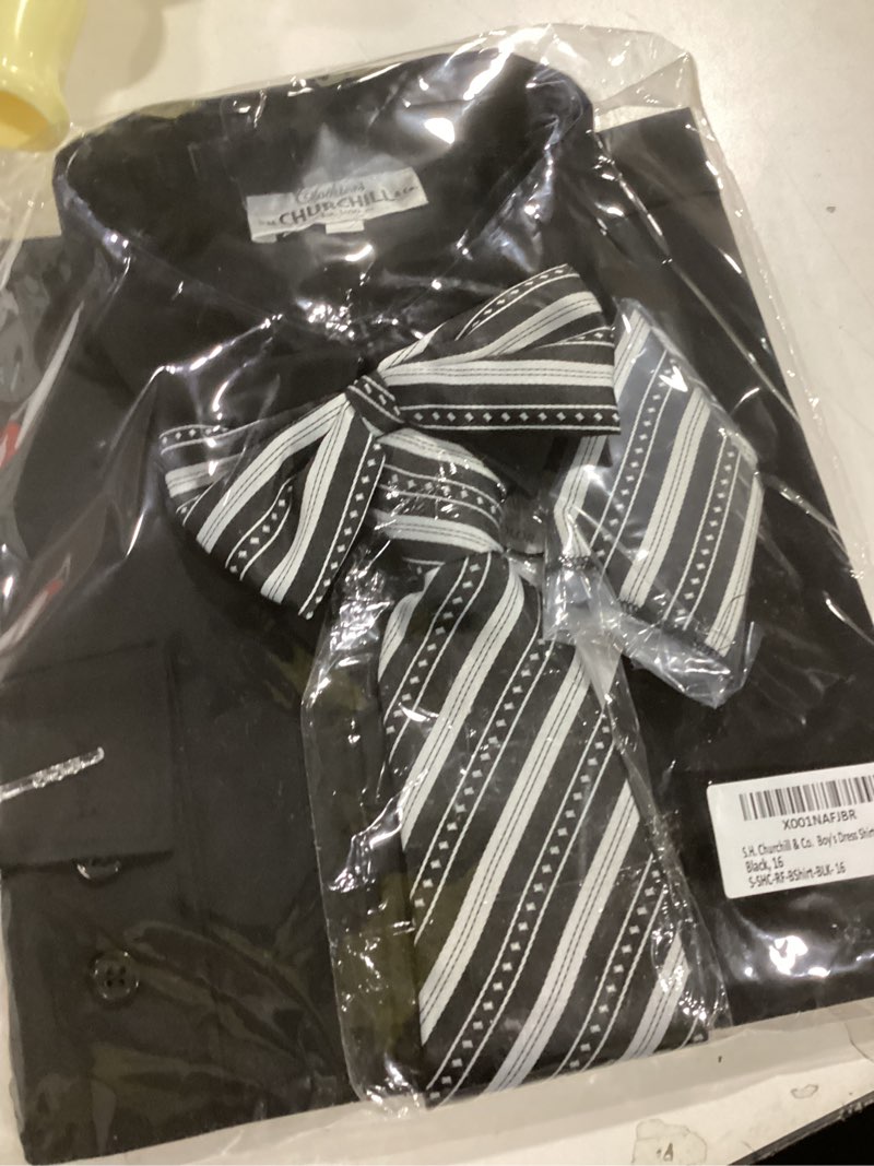 Condition photo showing New/Like New for S.H. Churchill & Co. Boy's 4 Piece Dress Shirt Set with Long Tie, Bow Tie and Hanky 16 Black