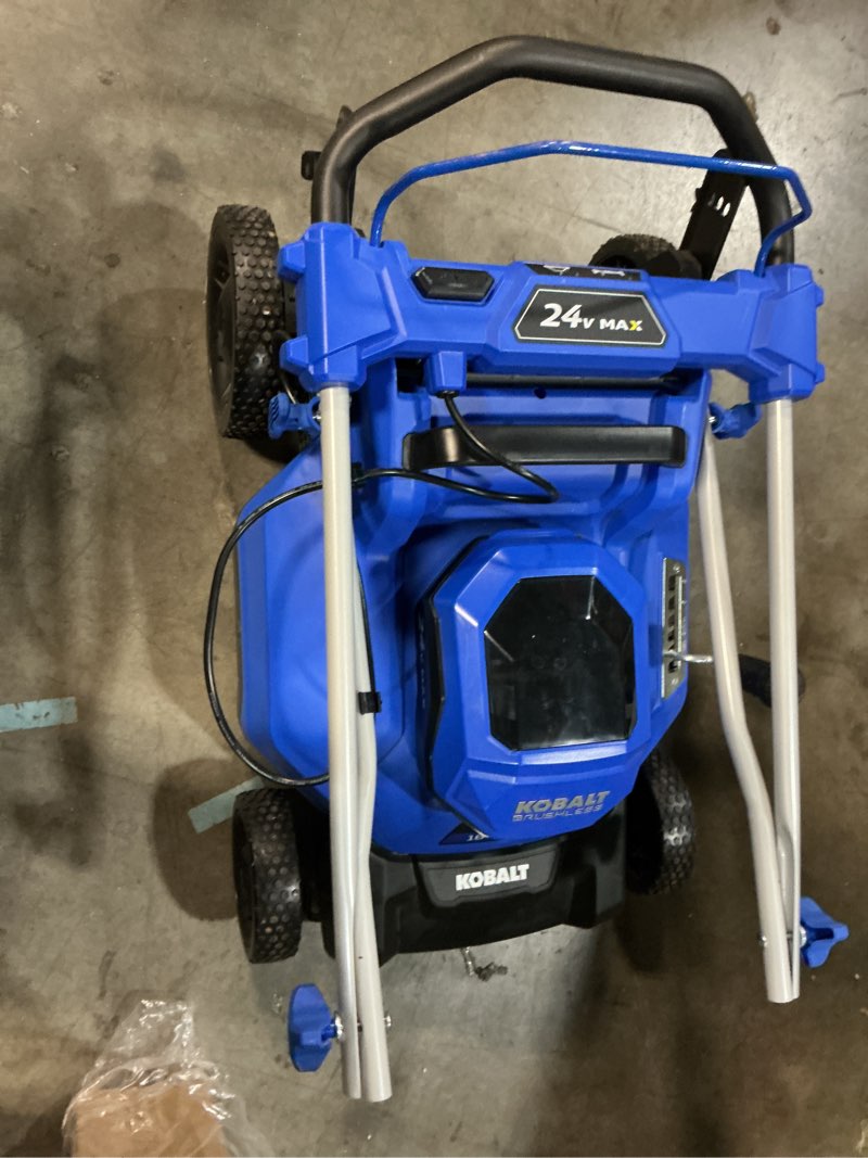 Condition photo showing As Is for kobalt 24-volt, 16-in push battery walk mower with (2) 4 ah battery included