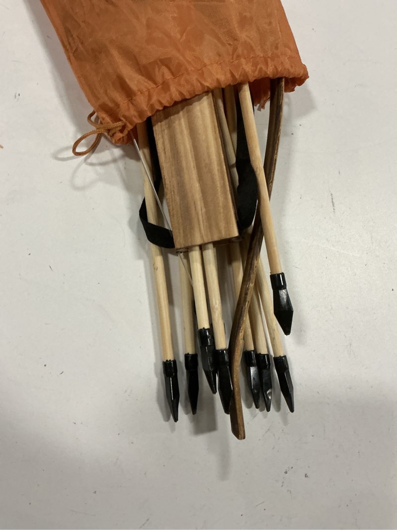Condition photo showing Good Condition for Kids Bow and Arrow Set, 32 Inch Archery Set Handmade Wooden Toy Bow and Arrow for Kids 4-6 8-12, Cosplay Game Costume Prop Play, 1 Bows 1 Quivers and 10 Wood Arrows, Gifts for Youth Boys & Girls