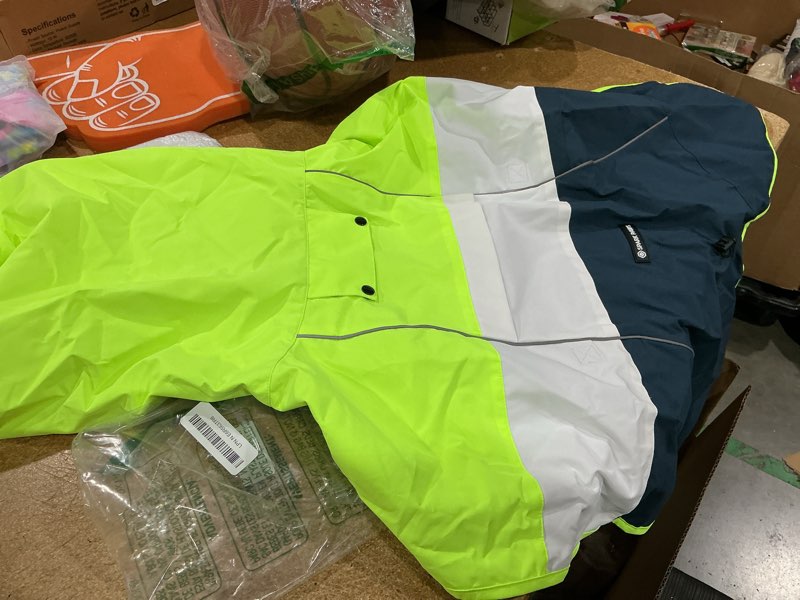 Condition photo showing Good Condition for spark paws dog raincoat - waterproof rain jacket w/hood, full coverage | waterproof coat covers full body incl. belly - reflective, covered harness holes, lightweight, small, medium & large dogs