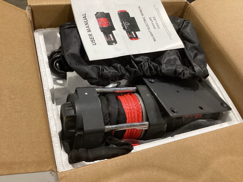 Condition photo showing As Is for nilight 3500 lbs atv winch 12v electric winches with synthetic winch rope wireless remote wired switch fairlead mounting plate portable waterproof winch for towing atv utv trailer truck jeep offroad 12v 3500 lbs