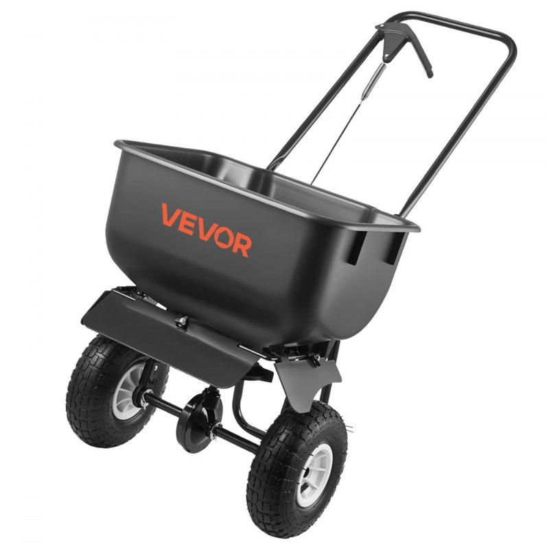 vevor push lawn spreader, 12ft spreading width, broadcast spreader with 80lbs load capacity & 10 in all-terrain tires, walk-behind garden & lawn broadcast spreaders for seed fertilizer, salt ice melt