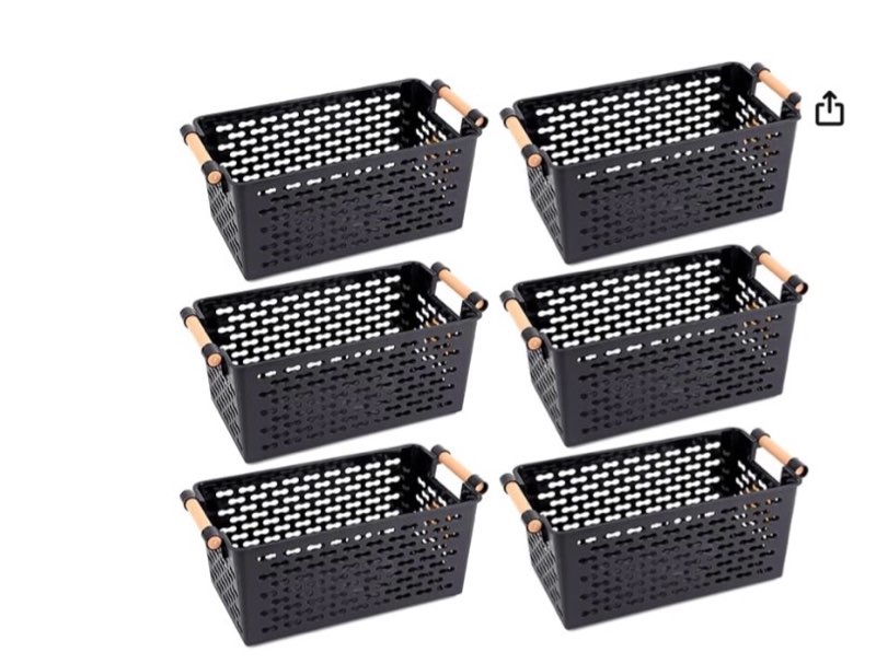 yesland 6 pack plastic storage basket, black basket organizer bin with handles for home office close