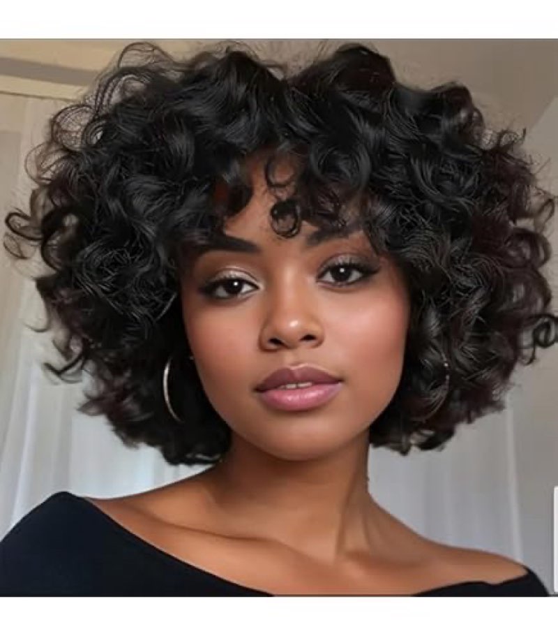 Fringe Bouncy Human Hair Wigs For Black Women Afro Rose Curly Funmi Glueless Wigs with Bangs Short Bouncy Curly Bob Wig With Bang 8Inch 180% Density P4/30