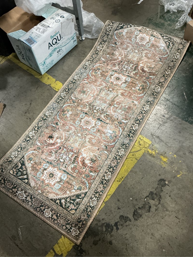 Condition photo showing As Is for DEXI Washable Runner Rug, 3x7 Non Slip Runner Rugs for Hallway Kitchen, Ultra-Thin Vintage Distressed Soft Entryway Carpet for Bedroom Bathroom Laundry Room, Brown 3' x 7' (Rectangular) Brown