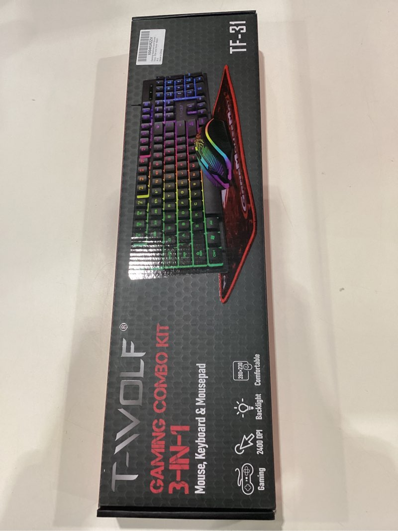 Condition photo showing New/Like New for **not tested** wired rainbow gaming keyboard, 104 keys light up mechanical feeling computer keyboard for windows, laptop, pc gamers office device, travel, business trip,woking(black)