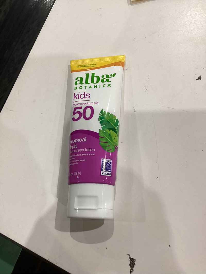 Condition photo showing New/Like New for Alba Botanica Kids Sunscreen for Face and Body, Tropical Fruit Sunscreen Lotion for Kids, Broad Spectrum SPF 50, Water Resistant and Hypoallergenic, 3 fl. oz. Bottle SPF 50 (Pack of 1)