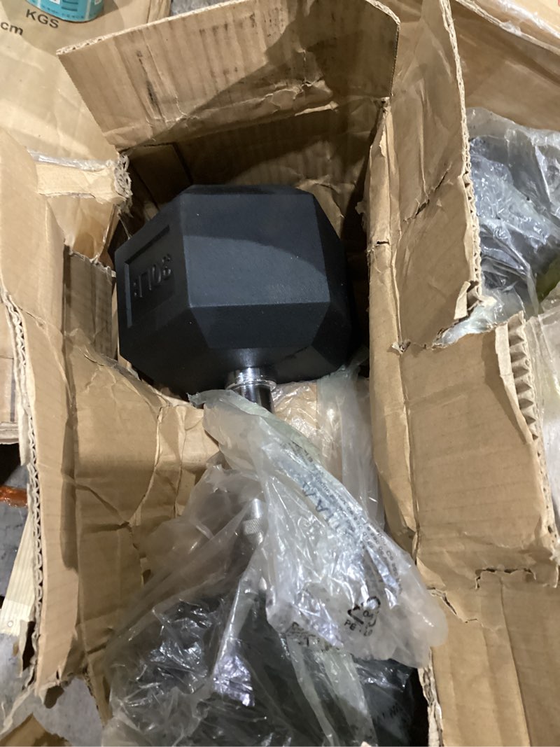 Condition photo showing Good Condition for hex dumbbell set, rubber encased exercise & fitness dumbbells for home gym, hand weights for strength training, in multiple weights 30 lb