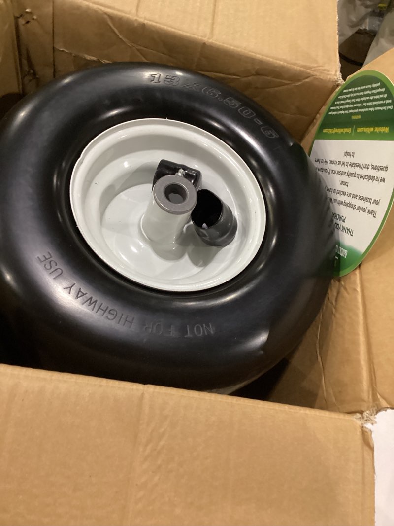 Condition photo showing Good Condition for (2-pack) 15x6.00-6nhs lawn mower tires and wheel for riding lawn mower front tires,15x6-6 front tire assembly replacement,3/4" bearing, 3" centered hub, 4 ply pneumatic 15x6.00-6 pneumatic (turf-v,centered hub,2 pack) white
