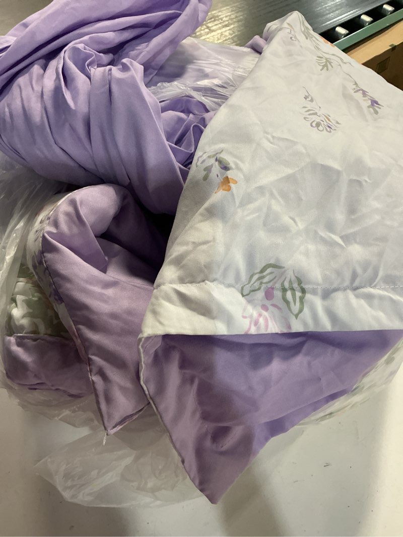 Condition photo showing As Is for yiran purple watercolour floral comforter set queen size, 7 piece cute botanical lavender comforter bedding set, bed in a bag queen, soft microfiber complete bedding set with sheets for all season purple queen (90"x90")