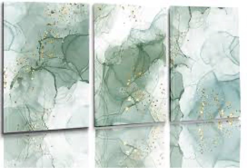 large framed sage green abstract wall art for living room, 3 piece green and gold canvas prints pain