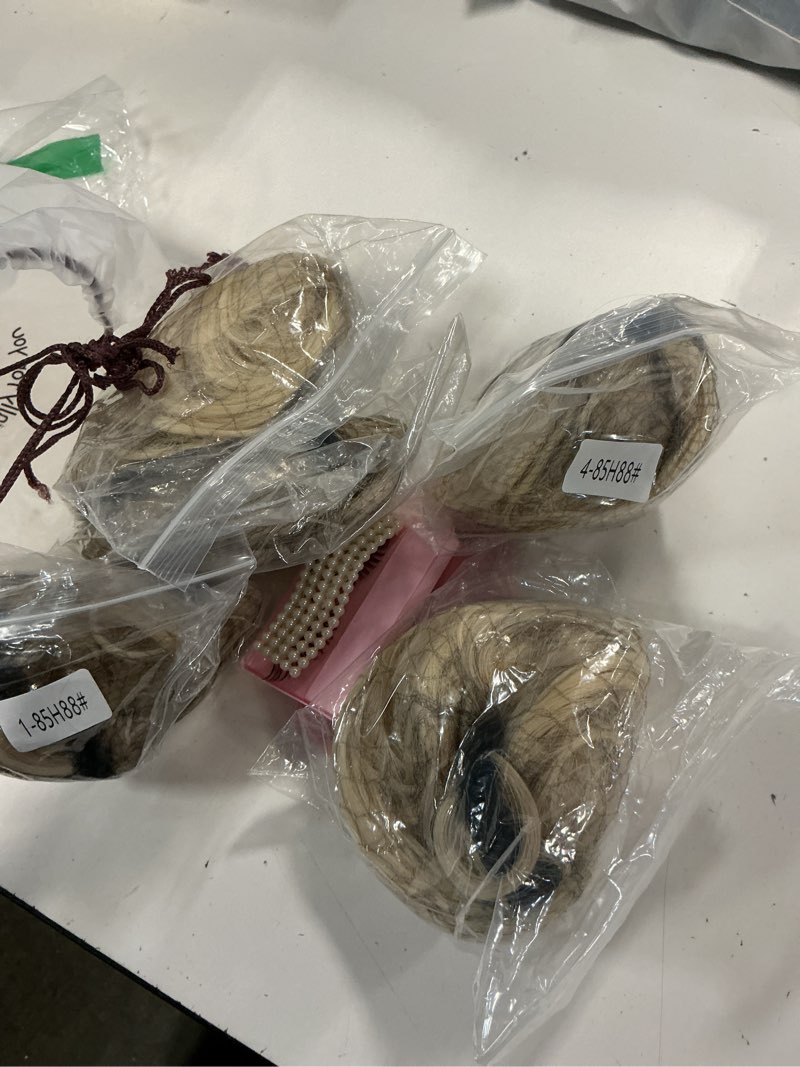 Condition photo showing New/Like New for hmd 5 pieces messy hair bun hairpiece tousled updo for women hair extension ponytail scrunchies with elastic rubber band long updo messy hairpiece hair accessories set for women?85h88? 5pcs ash blonde & bleach blonde