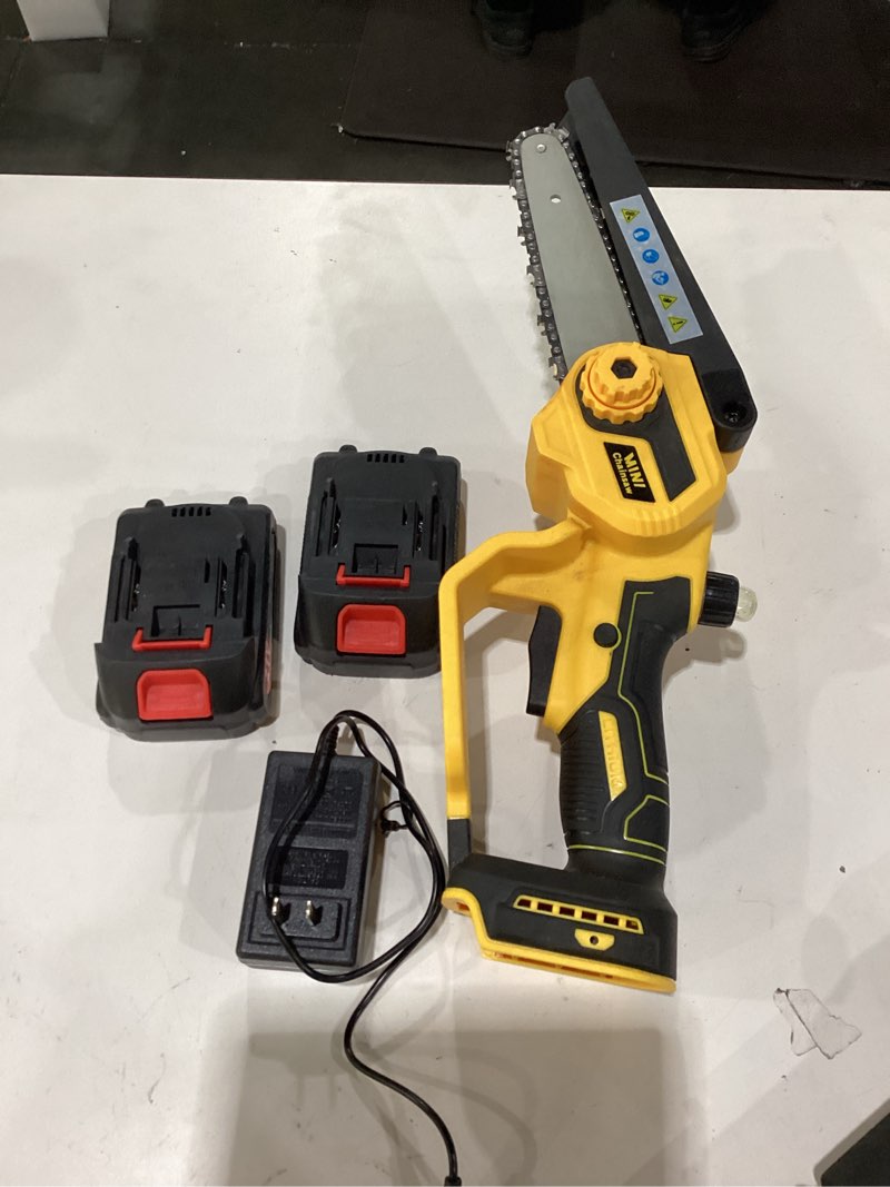 Condition photo showing As Is for **untested** 2-in-1 electric pole saws for tree trimming, 6 inch mini chainsaw cordless with extension pole & 2pcs battery powered, 16 feet electric pole chainsaw, tree trimmer limb branch cutter pruner-yellow