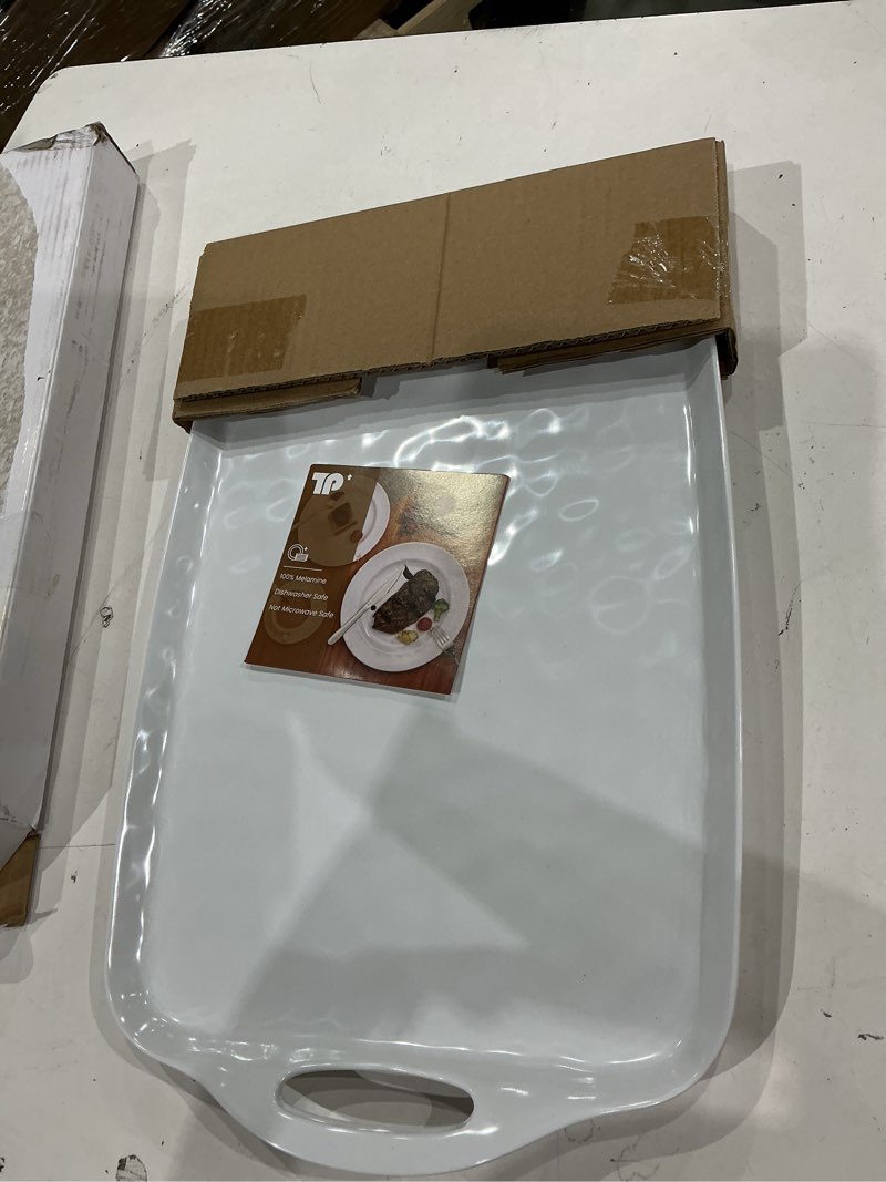 Condition photo showing Good Condition for tp large serving trays with handles, 19" x 12" melamine serving platters for food, turkey, set of 2 rectangular trays for party, pure white 19" x 12" pure white