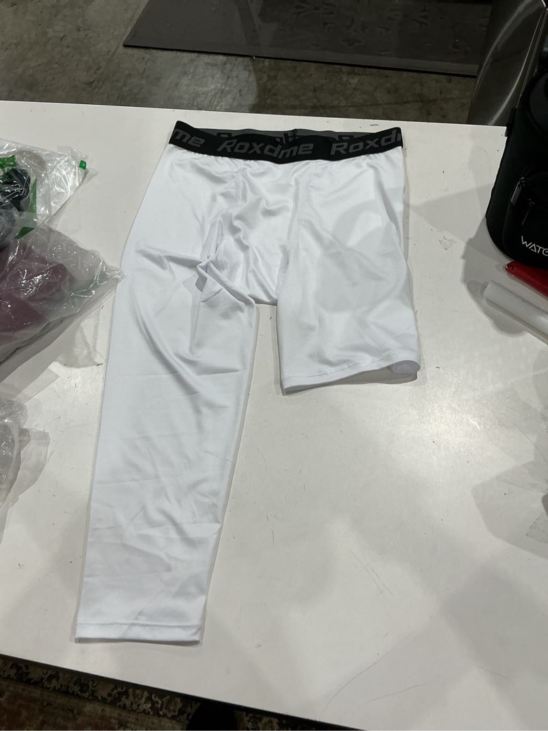 Condition photo showing Good Condition for roxdme 1 pack men's 3/4 one leg compression capri tights pants basketball athletic running black+white(left short) medium