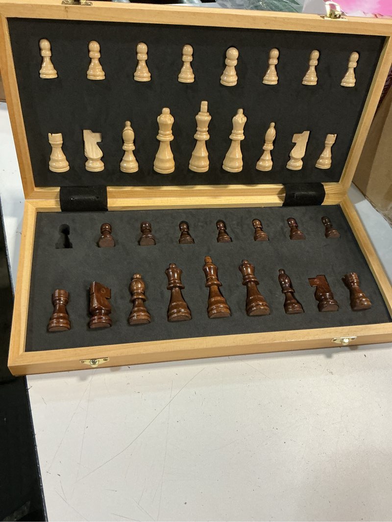 Condition photo showing As Is for amerous 15 inches magnetic wooden chess set - 2 extra queens - folding board - pieces storage slots, handmade portable travel chess game - beginner chess set for kids, 6 up age