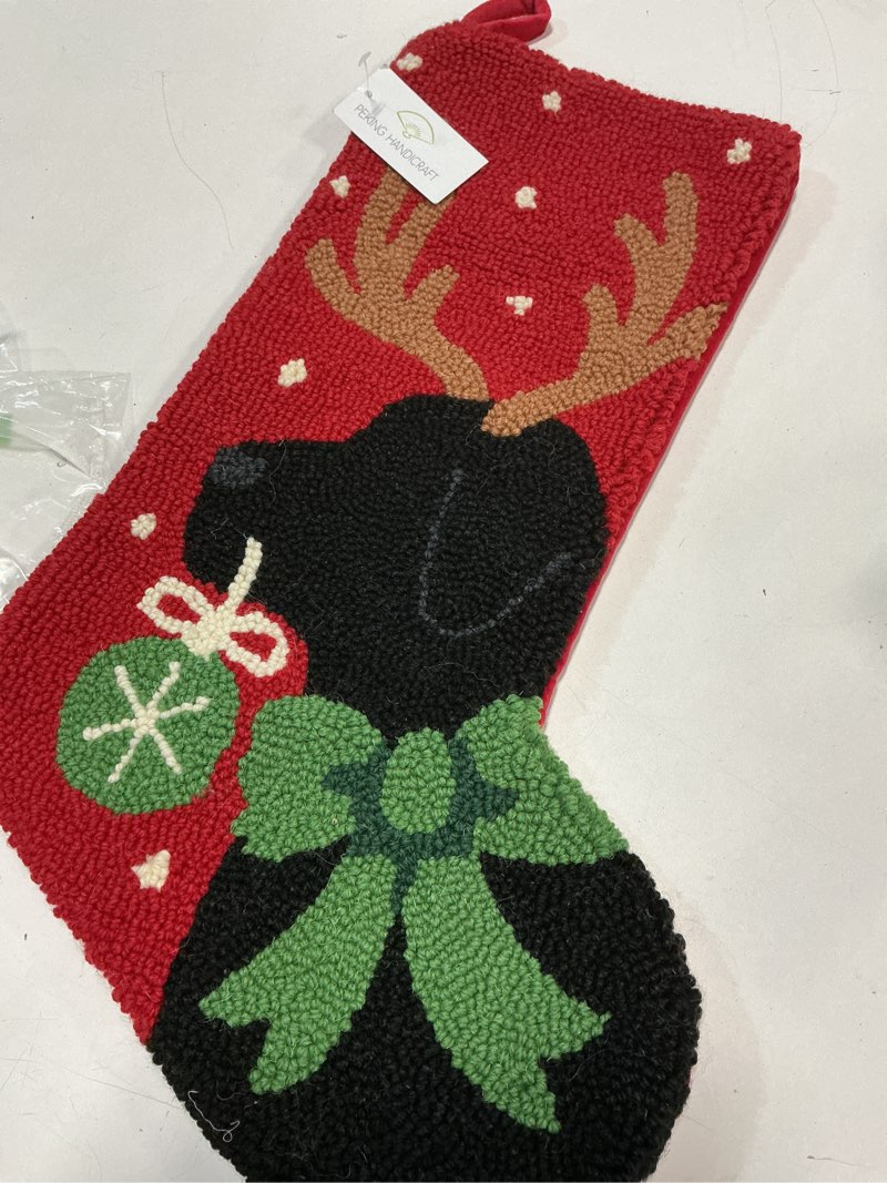 Condition photo showing As Is for Peking Handicraft Black Labrador Retriever Antler Christmas Hooked Stocking- Wool 21"