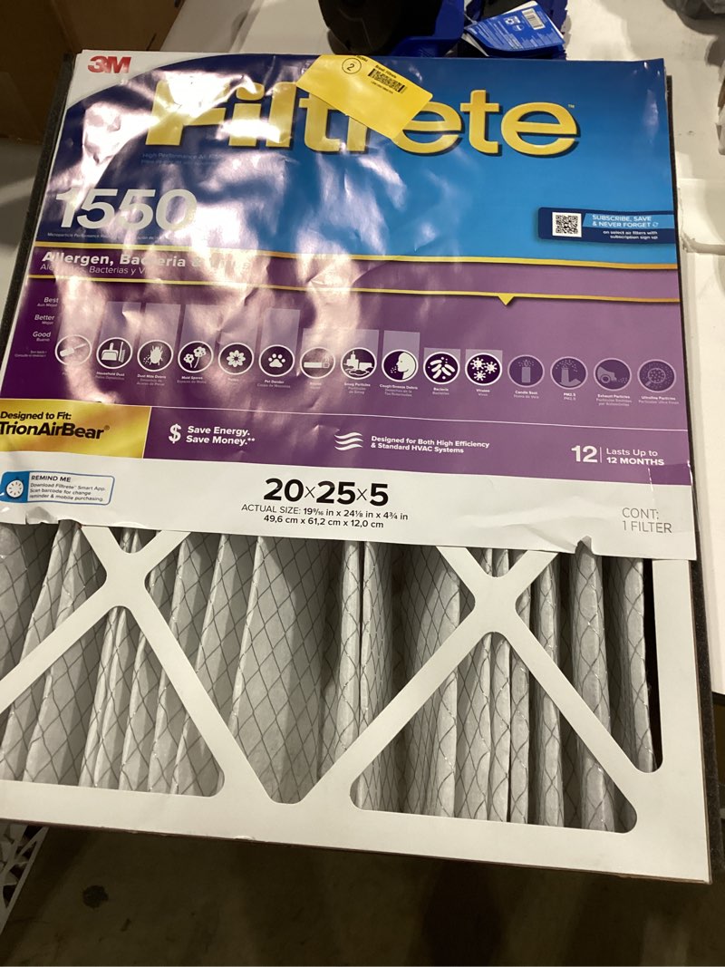 Condition photo showing Good Condition for filtrete 20 x 25 x 5 merv 12 1550 mpr allergen, bacteria and virus electrostatic pleated air filter