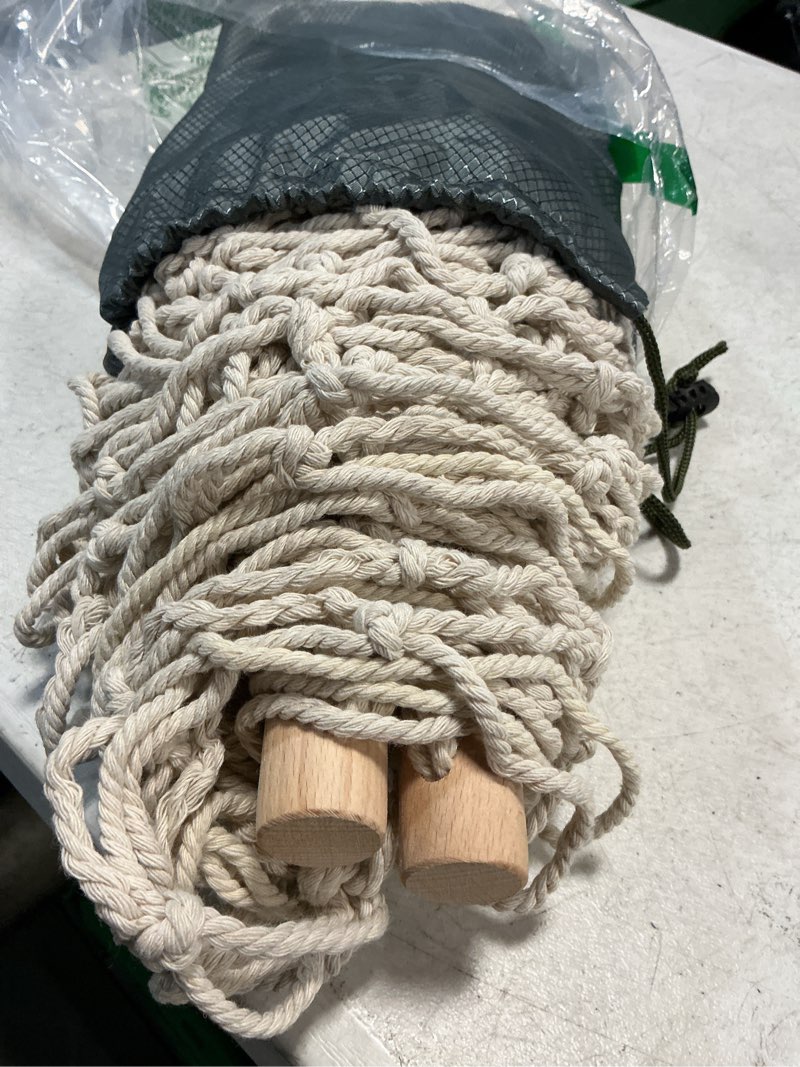 Condition photo showing As Is for cotton rope hammocks with wood spreader,traditional hand woven children hammock for outdoor, indoor,patio, backyard,accommodates one person with a weight capacity of 220 lbs.
