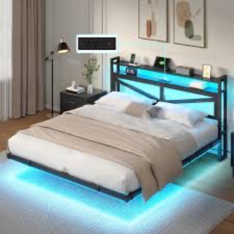 YITAHOME Full Size Floating Bed Frame with USB Charging Station Storage Headboard and with Led Light