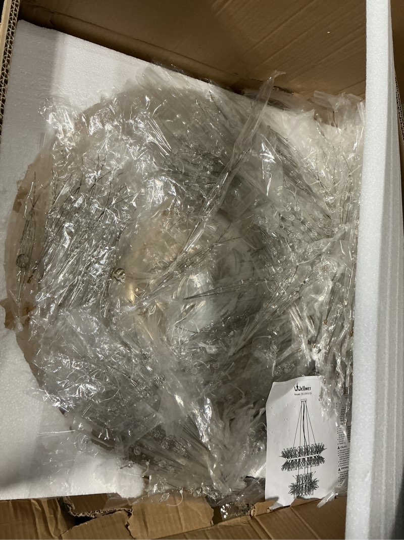 Condition photo showing Good Condition for wellmet firework chandelier 2 tier 38 inch, modern crystal chandelier gold dandelion light fixture, mid century round ceiling lighting for dining room, foyer, living room, bedroom, hallway, entryway 38inch