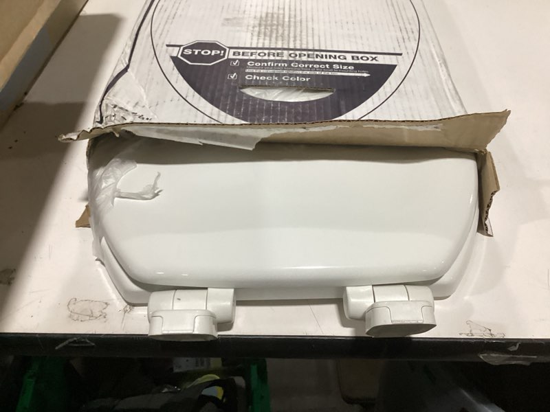 Condition photo showing As Is for kohler stonewood quiet-close elongated toilet seat, slow close design, durable wood, easy installation, universal fit, white finish, k-20466-0