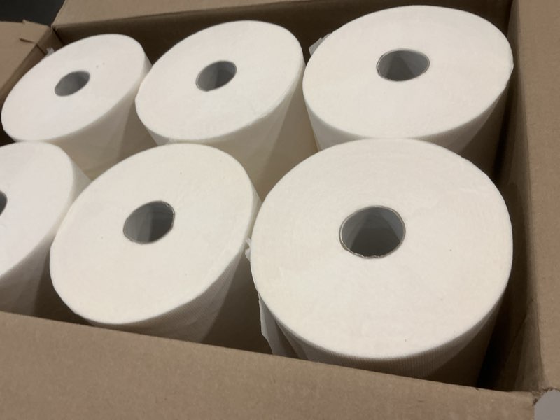 Condition photo showing New/Like New for high capacity tad towel rolls, 10" roll, white, 6 rolls premium quality fits touchless automatic roll towel dispenser