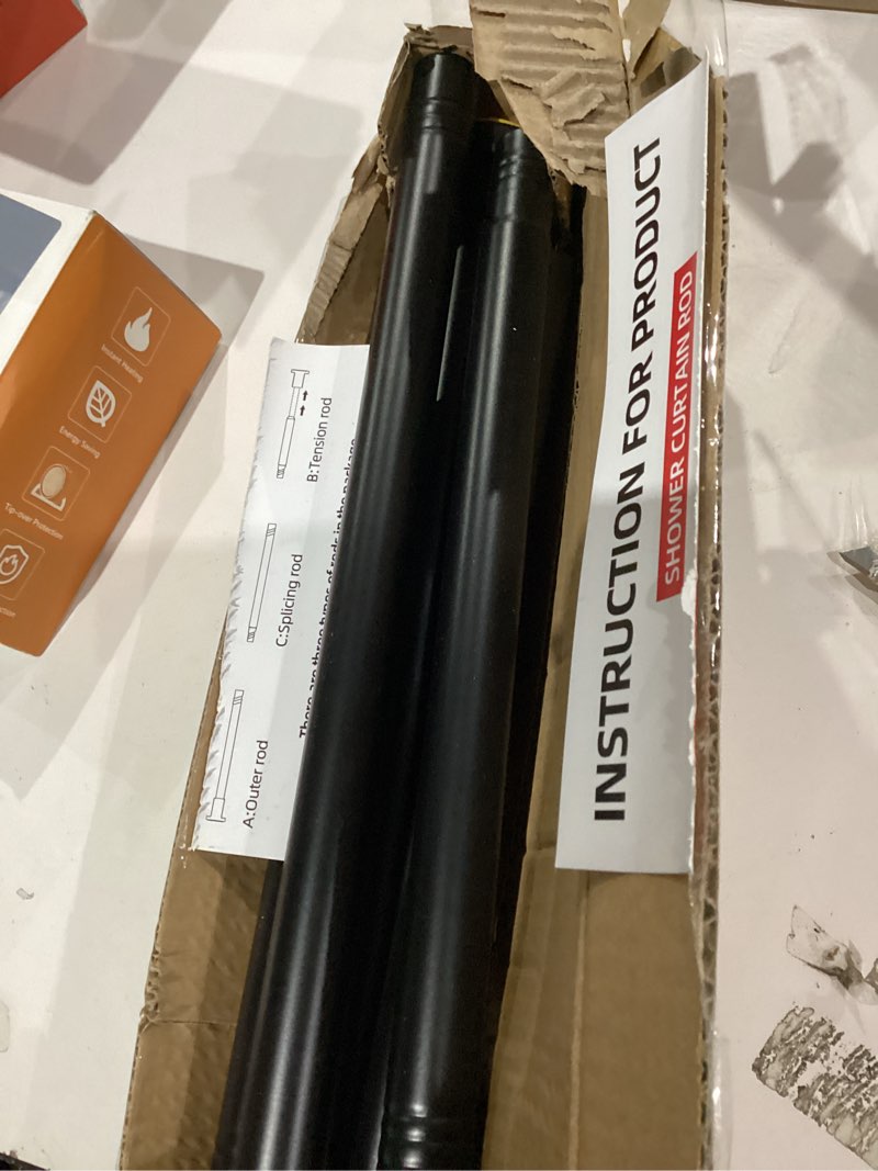Condition photo showing As Is for Shower Curtain Rod Adjustable 43-78 inch, 1"Diameter Spring Tension Curtain Rod No Drill, Anti-Rust Non-Slip Shower Rod, Black Shower Curtain Rod for Bathroom Tension Black 43"- 78"