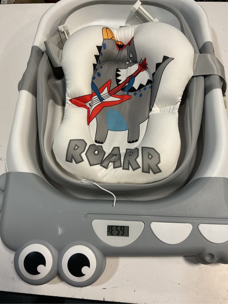 Condition photo showing As Is for morefeel collapsible baby bathtub for newborn with thermometer & 1 hooded towel & 1 soft floating cushion,portable travel bathtub with drain hole, durable foldable baby tubs for infants to toddler alligator like grey