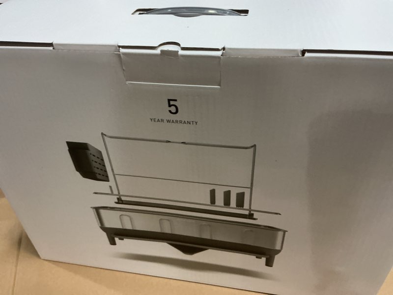 Condition photo showing New/Like New for simplehuman large capacity dish drying rack with stainless steel frame, 360º easy drain swivel spout, utensil & wine glass holder, anti-residue coating, moisture control surface, grey gray full-size (20'' x 22.3'' x 11.5'')