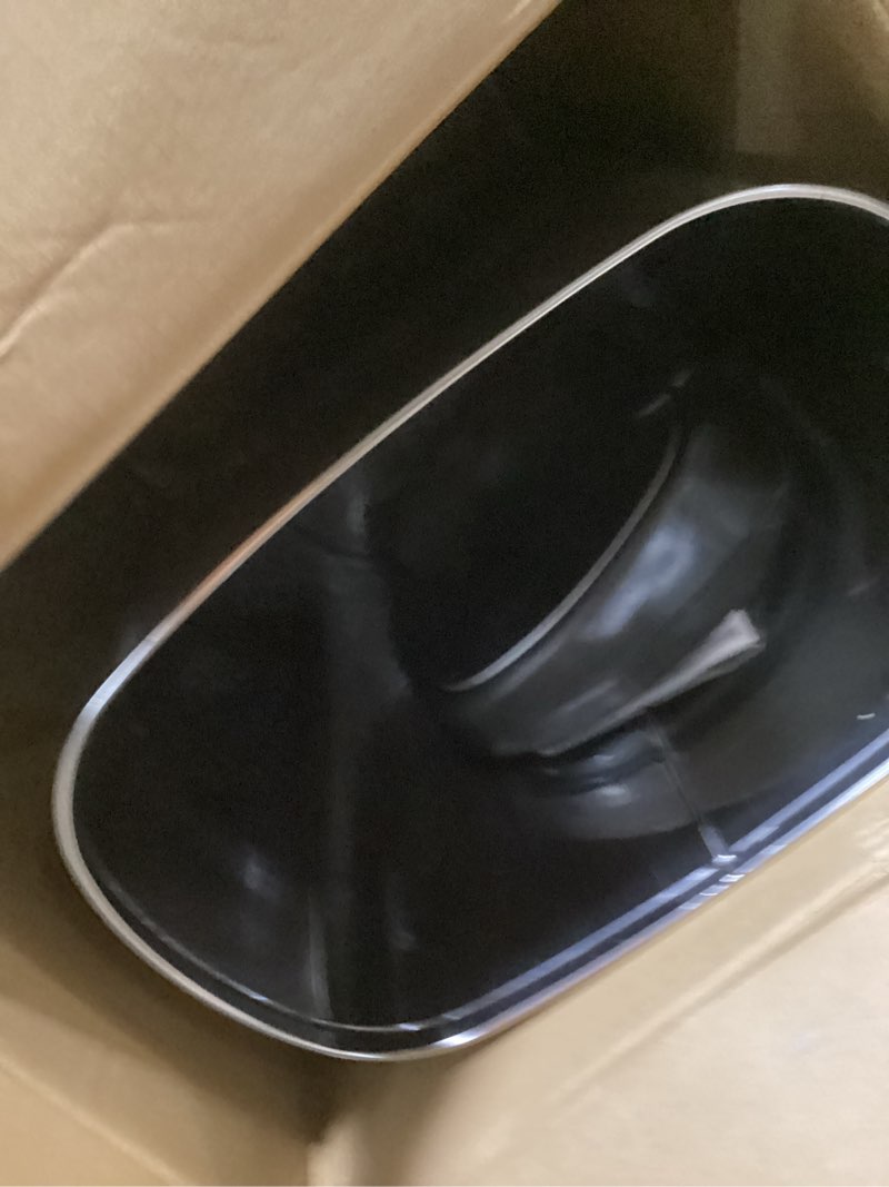 Condition photo showing As Is for ninestars two-piece automatic trash can combo set, 13 gal (50l) & 3 gal (12l) touchless motion sensor garbage cans with odor-sealing lids, matching oval stainless steel, black trim