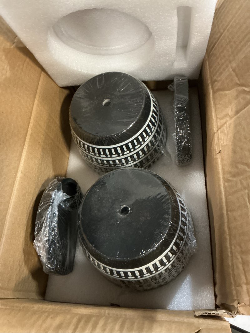 Condition photo showing New/Like New for vensovo 5.8 inch boho plant pots indoor - artisanal succulent pots with drainage holes and saucer, cement pots for indoor plants, flower pot with rubber pot feet, set of 2, white lines and black
