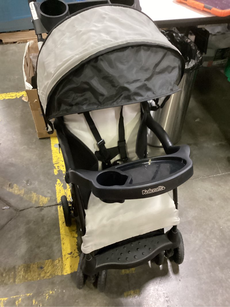 Condition photo showing As Is for (used)kolcraft cloud plus lightweight umbrella stroller for toddlers with reclining seat, large storage basket, canopy, infant & parent trays, compact fold for summer travel, durable frame, slate gray