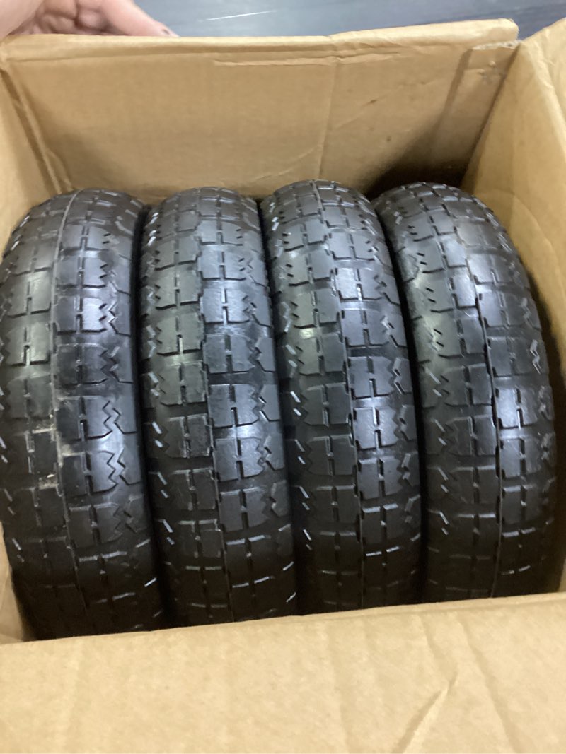 Condition photo showing Good Condition for ar-pro (4-pack) 13" flat free tire and wheel - with 5/8" axle bore hole, 2.17" offset hub - 13 lnch solid wheels compatible with garden wagon cart,hand trucks,utility cart and lawnmower yard trailers 13" solid tire (4-wheel)