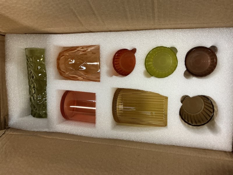 Condition photo showing Good Condition for votive candle holders set with wooden tray - 8 piece rustic colored glass candlestick & solid wood centerpiece decor for mantel, dining table, farmhouse wedding decor colored candlestick