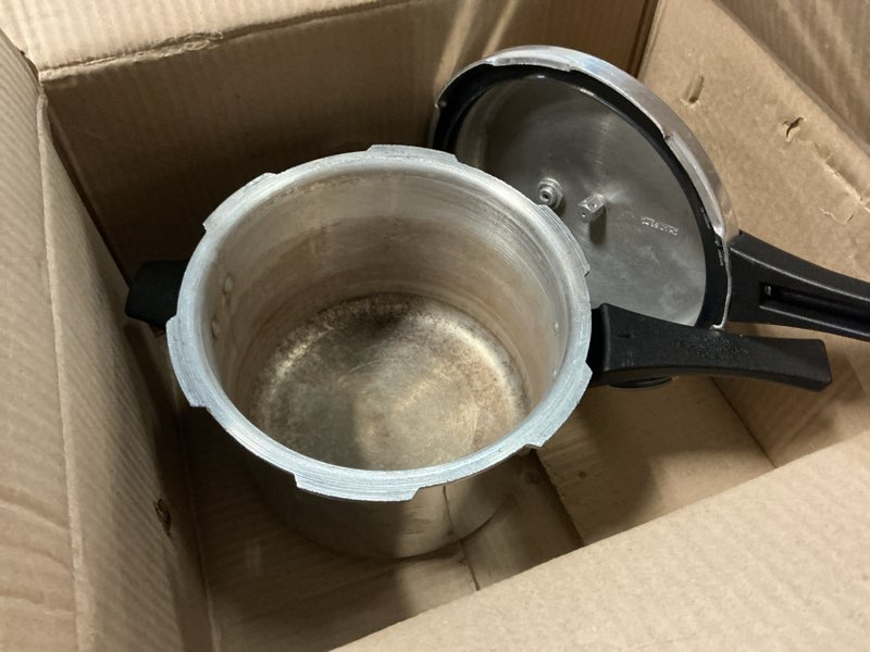 Condition photo showing As Is for prestige popular aluminum pressure cooker, 5 l, silver 5.3 quarts