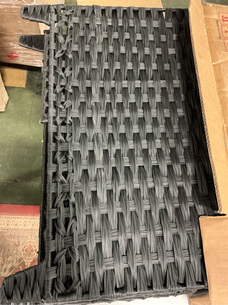 Condition photo showing As Is for Laundry Hamper with 3 Removable Liner Bags; 132L Handwoven Rattan Laundry Basket with Lid & Heightened Feet; Clothes Hamper with Side Handles; Laundry Sorter with 3 Separate Sections (Black) 132L (25.98x13x26.57 Inches) Black