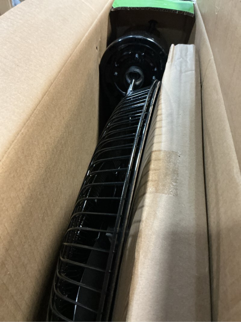 Condition photo showing As Is for holmes 18" oscillating stand fan, 3 speeds, quiet operation, adjustable height, 75° oscillation, 25° head tilt, 5 blades, ideal for home, bedroom, living room, office, gym, and kitchen - black