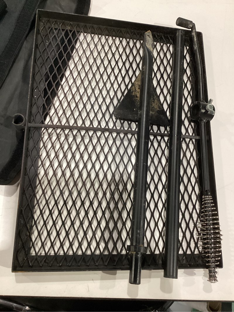 Condition photo showing New/Like New for swivel campfire grill grate, adjustable heavy duty steel open fire grill rack, fire pit grill grate over fire pit with carrying bag for outdoor camping bbq, rectangle black 12.6"x16.7" steel grill