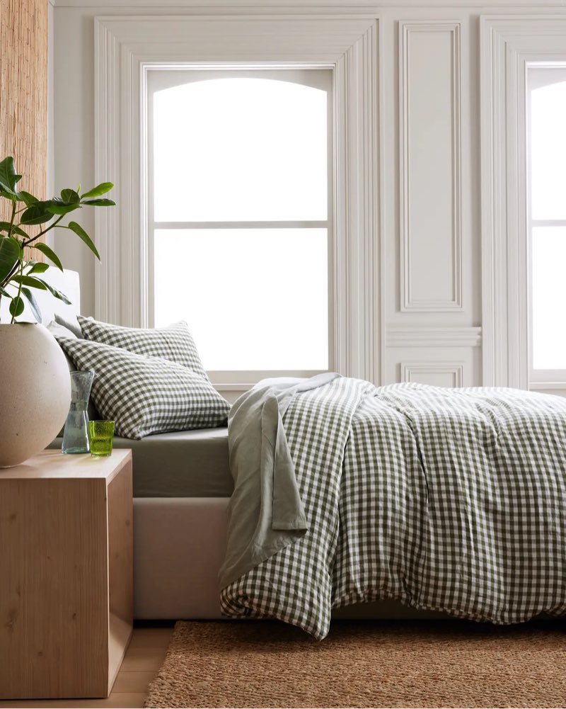 european linen gingham duvet cover olive size: king/cal king quinse