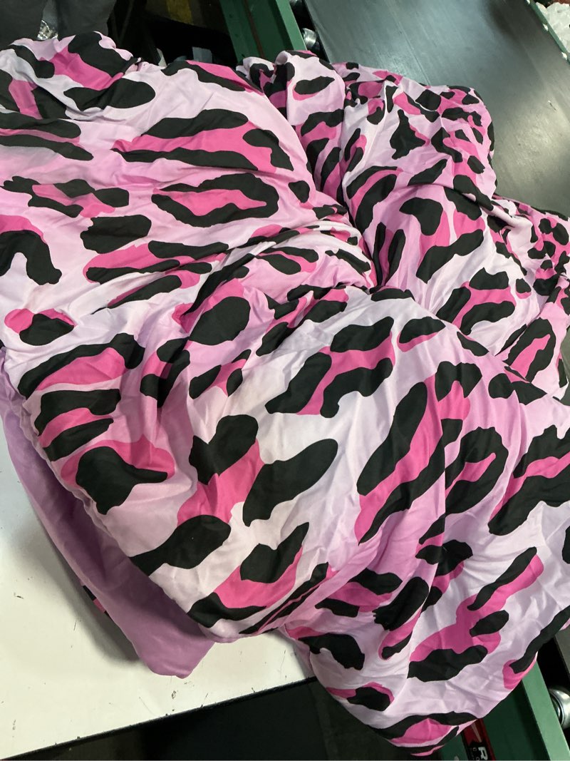 Condition photo showing As Is for janzaa leopard print comforter set full size - 3 pieces animal cheetah printed comforter set, cozy soft fluffy pink/floral print bedding set with 2 pillowcases for all season hot pink 3pcs-full(79''x90'')