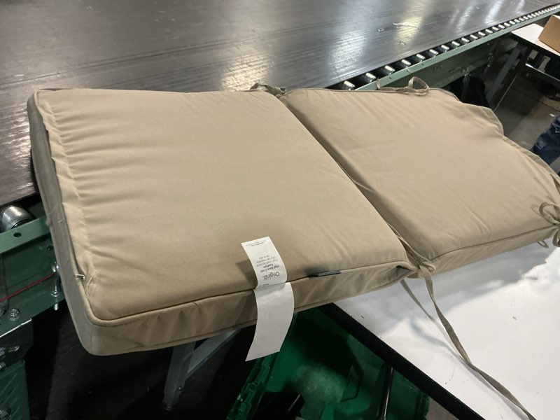 Condition photo showing As Is for origin 21 20-in x 21-in tan high back patio chair cushion