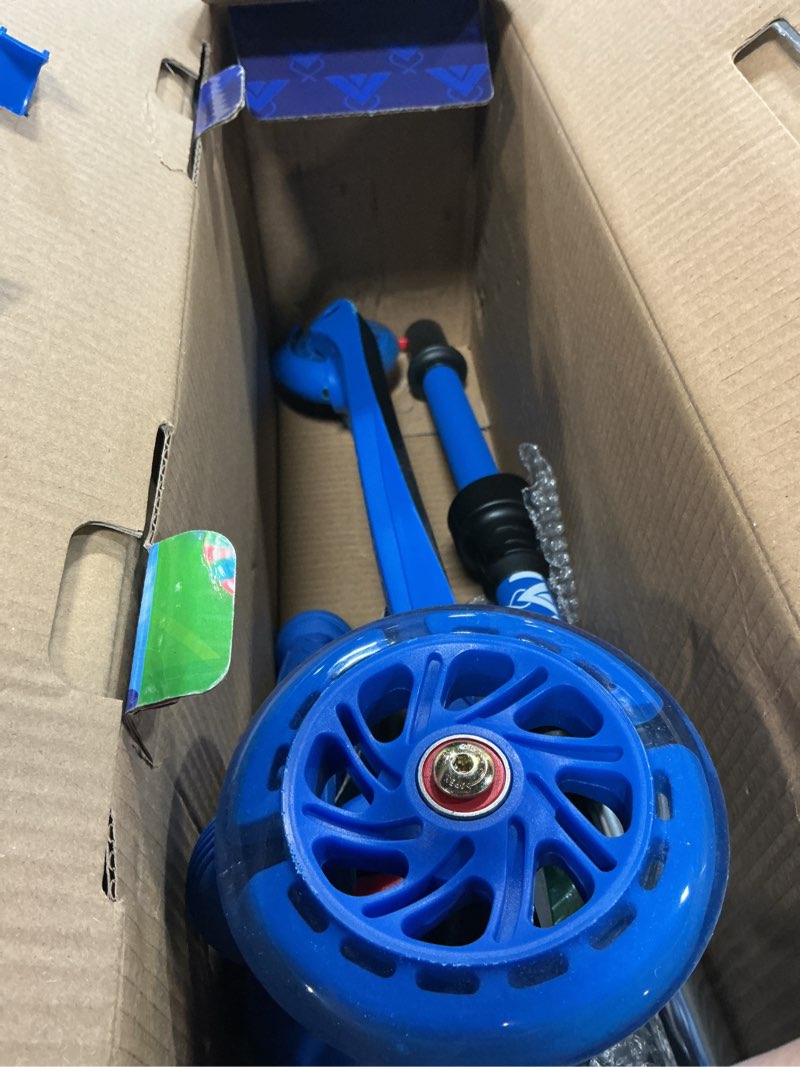 Condition photo showing As Is for blue mini 3 wheel scooter for kids – lean-to-steer with led light-up wheels, adjustable handlebar, wide anti-slip deck, smooth pu wheels, rear foot brake – toddler scooter for ages 2+