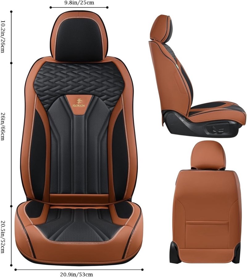 (Only 1 PCS)FLORICH Car Seat Covers, Universal Car Seat Covers Breathable PU Leather with Embossed Grain Fit Most Cars, Sedan, SUVs, Trucks, Brown