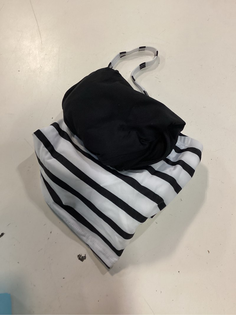 Condition photo showing New/Like New for tempt me women bandeau bikini set strapless high waisted two piece swimsuit longline bathing suits medium striped and black