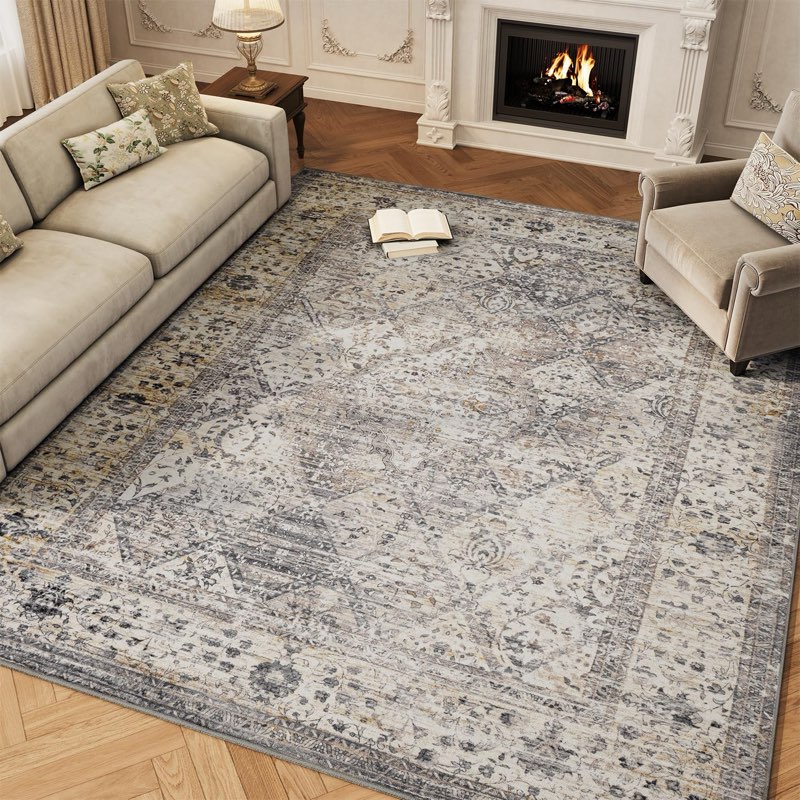 Grey Large 9x12 Area Rugs for Living Room Rug Bedroom Rug-Carpet Washable Neutral Vintage Floral Din