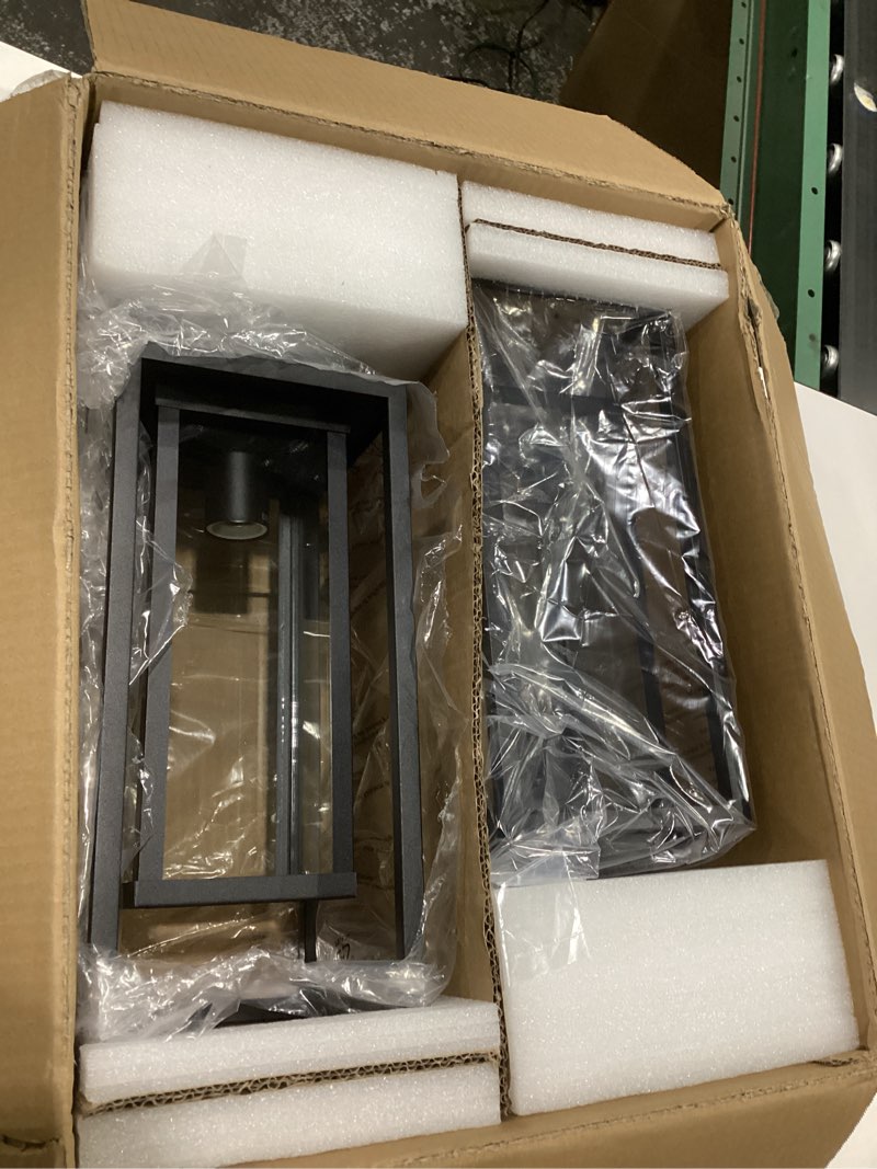 Condition photo showing Good Condition for 18" outdoor wall light fixtures waterproofed exterior lantern w/sturdy rectangular double cage in satin black&clear tempered glass,sconce mounted for house patio,front door,porch,garage lighting 2pack 18-inch satin black