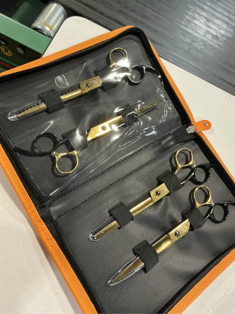 Condition photo showing Good Condition for fenice peak 7'' black and gold two-color dog grooming scissors set straight thinning curved and chunker shears 4pcs set with pattern screw and ergonomic offest handle 440c sharp and durable combo 7''