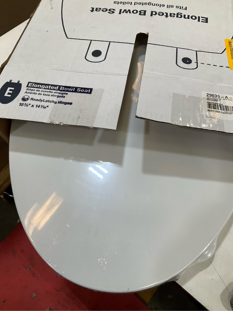 Condition photo showing As Is for kohler drift tab plastic white elongated soft close toilet seat