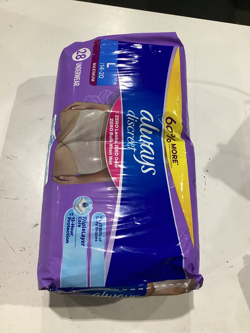 Condition photo showing New/Like New for always discreet adult diapers for women, incontinence underwear, postpartum essentials, disposable briefs, max absorbency, bladder leak protection, large, 28ct large 28